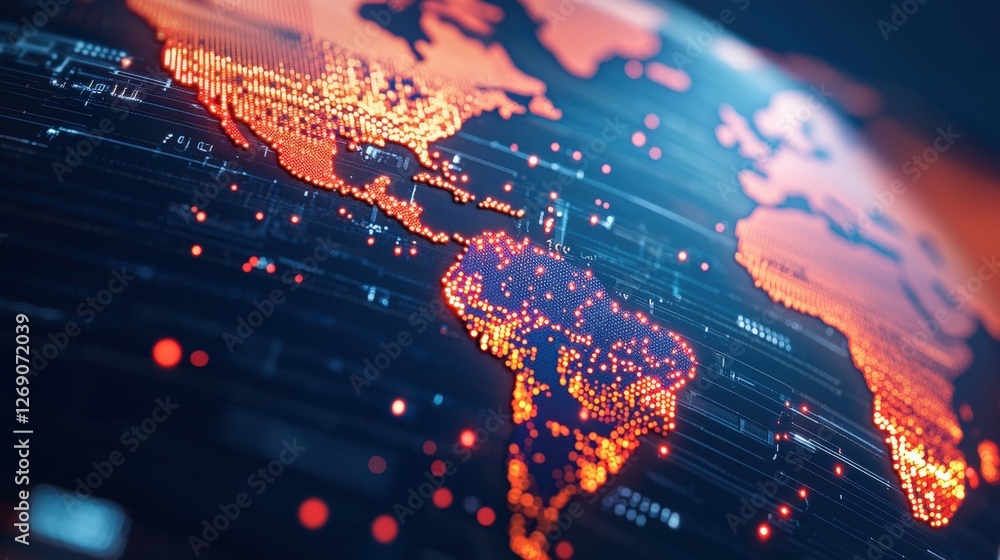 Poster a vibrant digital representation of a globe showcasing interconnected data points across the america