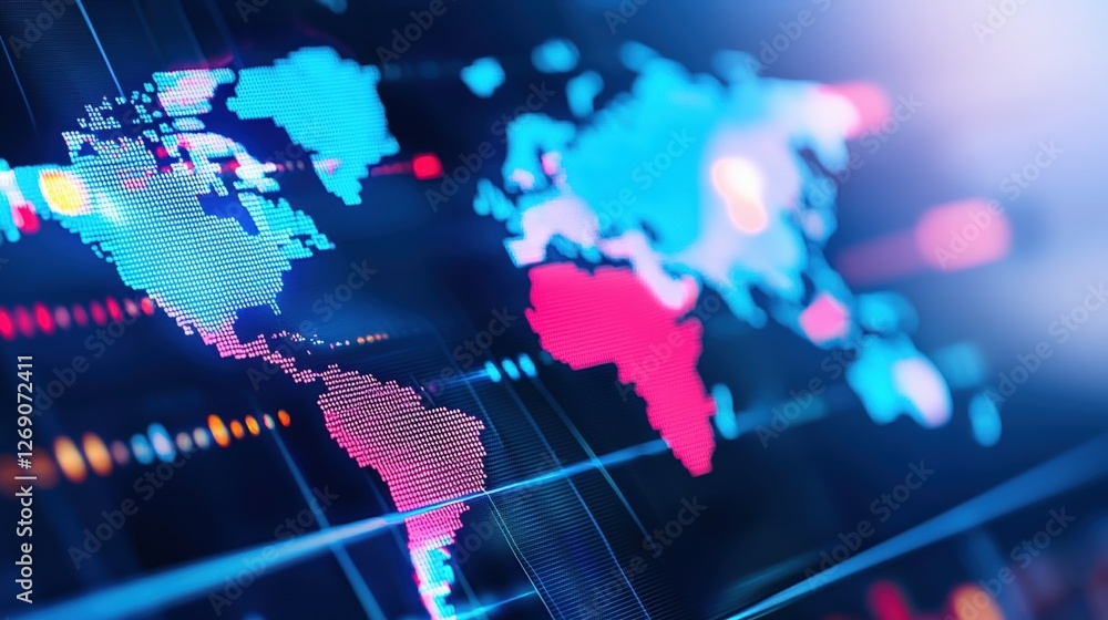 Poster a vibrant digital representation of a world map, featuring colorful data points and lines, symbolizi
