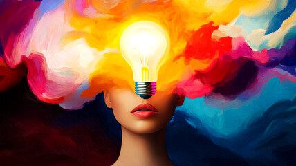 Person with a lightbulb glowing above their head, surrounded by swirling colorful shapes, symbolizing the birth of creative ideas