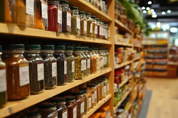 Fototapeta premium Colorful Array of Herbs and Spices in a Market Shelving Display