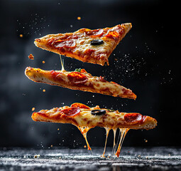 Three Delicious Pepperoni Pizza Slices in Mid Air with Cheese Pulling Downwards against a Dark Background