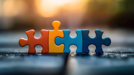 A vibrant arrangement of four puzzle pieces in calming colors, symbolizing connection, unity, and problem-solving set against a soft focus background.