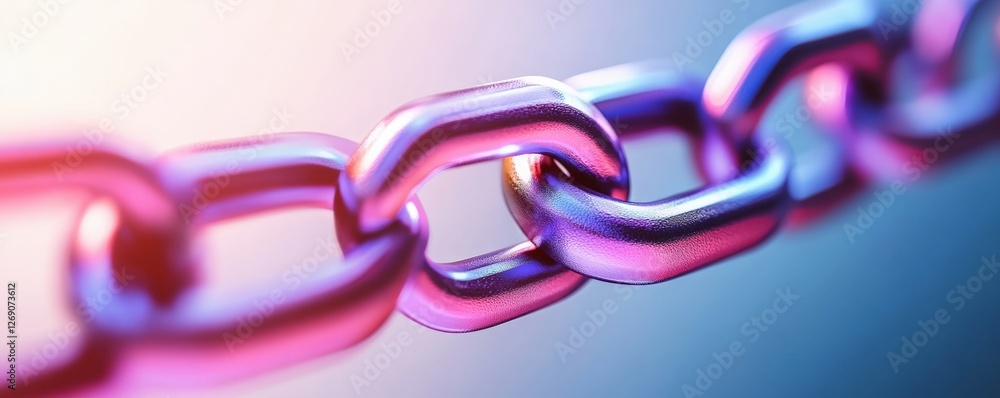 Poster a close-up view of a metallic chain, showcasing its links with a vibrant gradient of colors, creatin