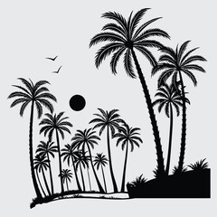 Forest of tall palm trees with the sun peeking through silhouette design vector art with illustration