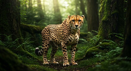 Obraz premium Cheetah Stands Alertly in Lush Forest Glade Wild Animal Portrait
