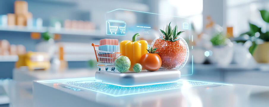 3D holographic shopping interface displaying colorful vegetables and fruits