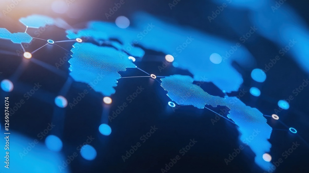 Poster a digital image depicting a blue map with interconnected nodes, representing global connectivity and
