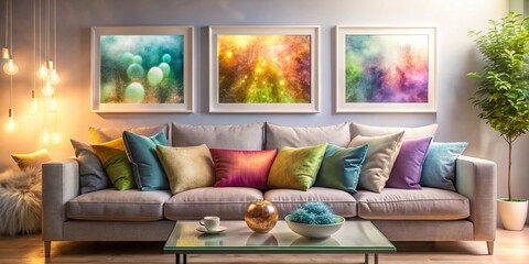 Modern Living Room with Blank Frames & Soft Pillows - Double Exposure Stock Photo