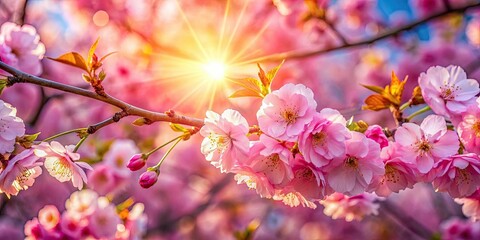 Spring's delicate pink sakura blooms, bathed in sunlight, revealed in stunning macro detail.