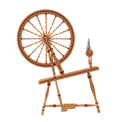 A light wooden spinning wheel, with a spindle with white yarn. 3D illustration on transparent background. 