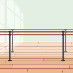 Sunny hall in ballet school with horizontal bars and big mirror. Dancing studio for occupations choreography. Interior. Poster, Banner, Flyer, Greeting Card. Vector illustration in flat style © Marta Vitek