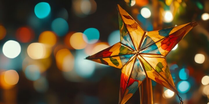 Bright philippine parol star shining at night with bokeh lights
