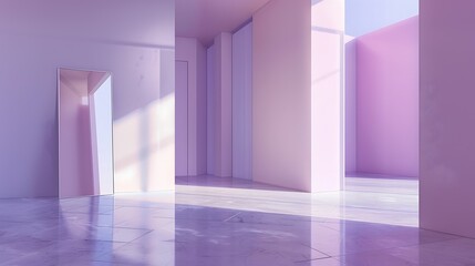 Pastel Interior:  A minimalist modern interior with a cool, serene ambiance, featuring a spacious room bathed in natural light filtering through large windows, casting soft, pastel hues on the sleek.