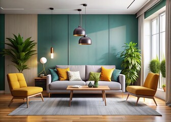 Fototapeta premium Modern Minimalist Living Room Interior Design with Empty Wall, Copy Space - Stock Photo
