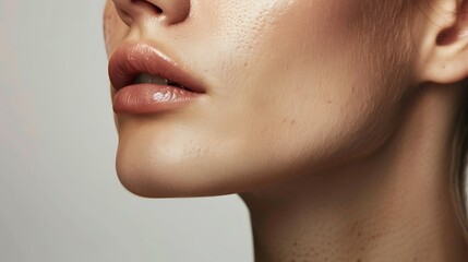 Obraz premium Close-up Beauty: A close-up, soft-focus shot captures a woman's delicate features, showcasing her smooth, luminous skin and perfectly defined lips. The subtle lighting enhances her natural beauty. 