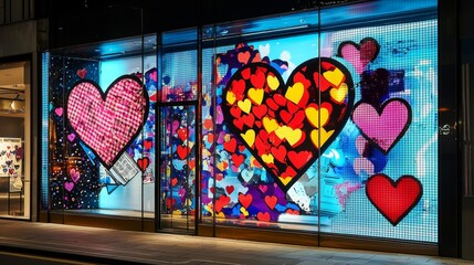 Pop art themed window featuring oversized glowing hearts, bold colors, dynamic composition, comic style romance