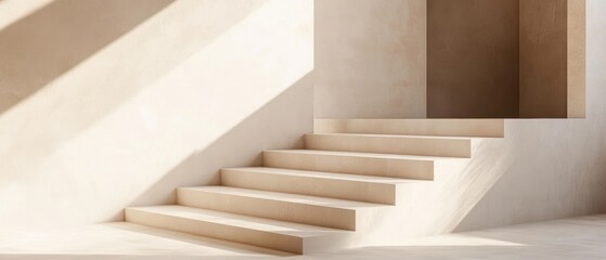 Naklejka premium Modern Architectural Space with Minimalist Steps and Soft Natural Light Highlighting Textured Walls in Neutral Tones for Contemporary Design Concepts