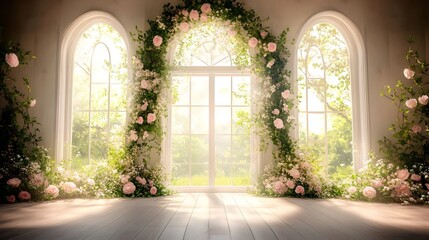 Wedding backdrop with gate of flowers generative AI