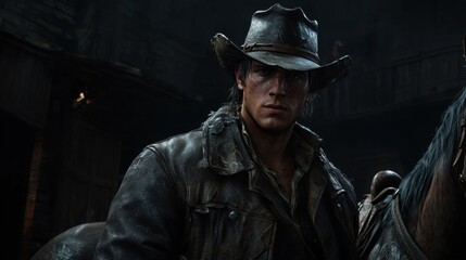 Obraz premium Cowboy stands confidently next to his horse in a dimly lit barn at dusk, showcasing strong character and rugged attire