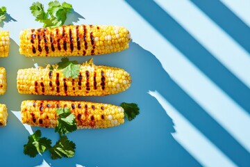 Naklejka premium A beautifully arranged Mexican street-style grilled corn served on a neutral background. This street food delicacy highlights the vibrant flavors of traditional elote.