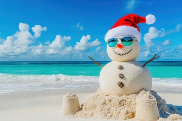 Fun and Playful Beach Scene Featuring a Sand Snowman Wearing Sunglasses and a Santa Hat Against a Beautiful Tropical Ocean Background