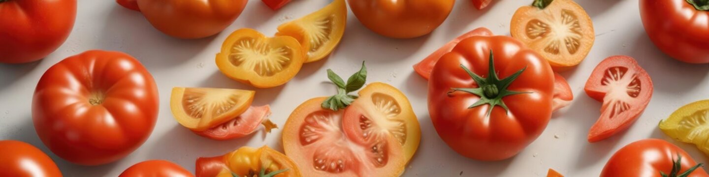 Gemischte Farben gerichtete Tomatenstrunk auf Pastellhintergrund, dekoration, gelb