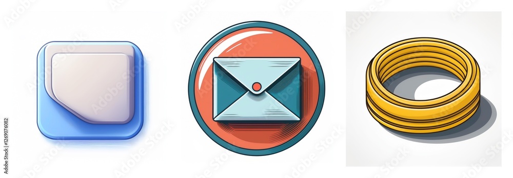 Poster three glossy icons lined up: a layered square shape, an envelope in a circle, and a grooved golden r
