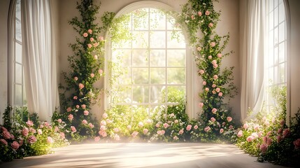 Wedding backdrop with gate of flowers generative AI