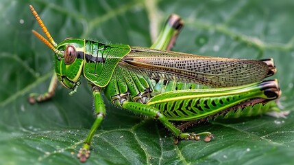 Close-up of a vibrant green grasshopper perched on a large leaf, showcasing its detailed anatomy in a lush environment