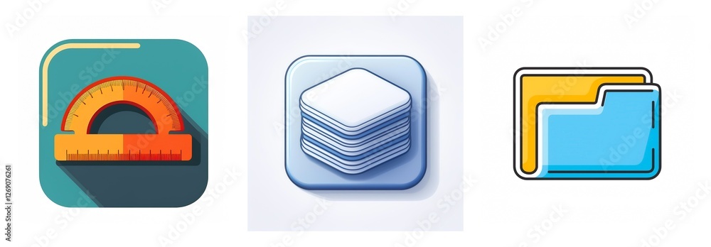 Aufkleber Three app icons in a row: a protractor on teal, stacked squares on light blue, and a yellow and blue folder, all with cartoonish style.