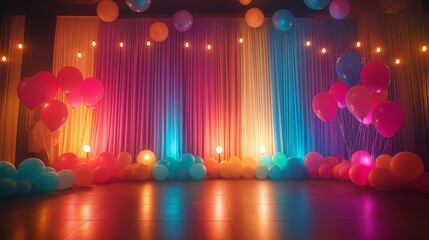 A dance floor with colorful balloons and lights, a stage backdrop with curtains in the background