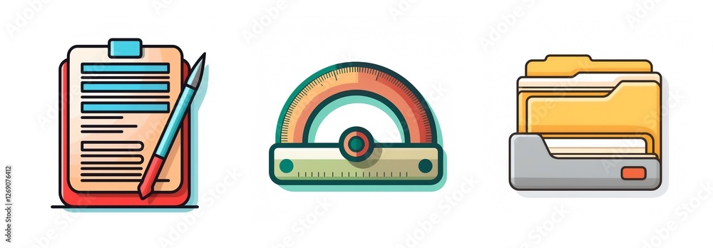 Poster three icons depict office or school essentials: a clipboard with pen, a protractor for measuring ang