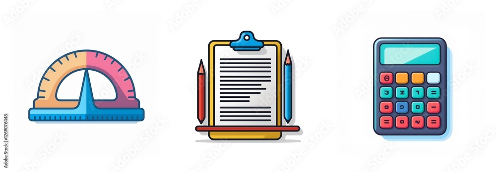 Poster icons depicting school supplies. a protractor for angle measurement, a clipboard with paper and penc