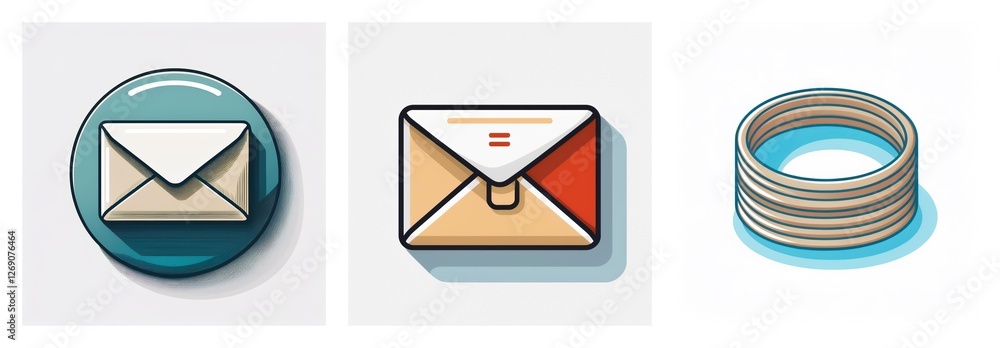 Poster Three icons are displayed: a glossy envelope on a teal circle, a flat envelope with orange and red accents, and a stacked coil or spring object.