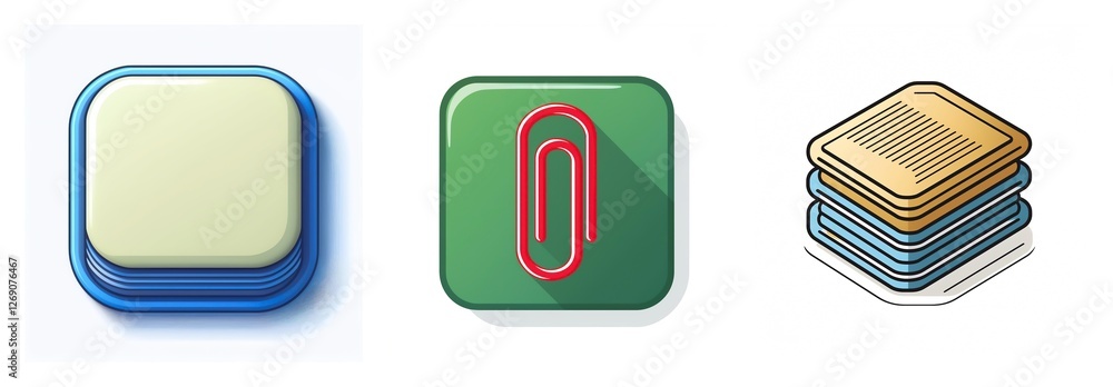Poster three square icons depict a blank pale yellow button with a blue border, a green square with a red p