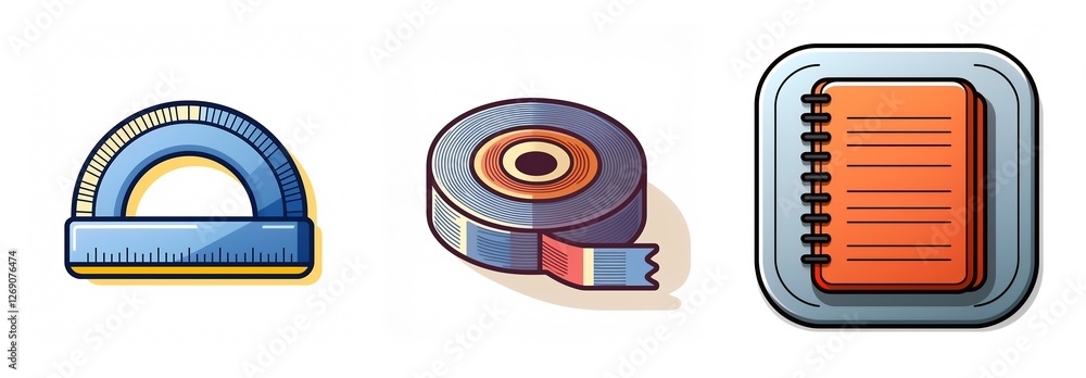 Poster image features a protractor for angle measurement, a roll of sticky tape, and a spiral notebook, all