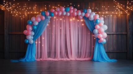 A dance floor with numerous balloons arranged in the shape of an arch. In front of it, a curtain made from pink and blue tulle