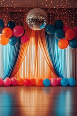 The venue is adorned with balloons and disco balls creating a nostalgic atmosphere of an adult theme