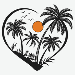 Palm trees forming a heart shape with the sun behind vector design ,art and illustration