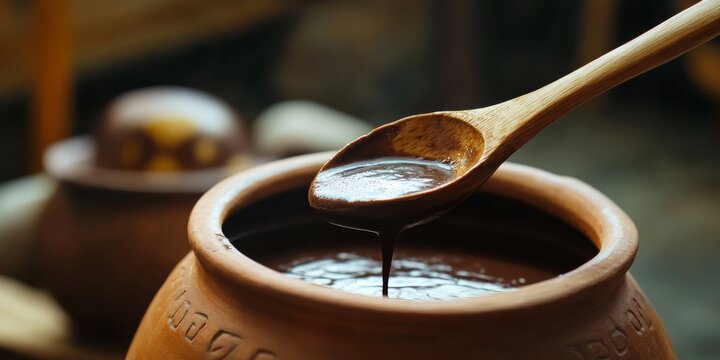 Wooden spoon dripping thick filipino tablea hot chocolate from clay pot