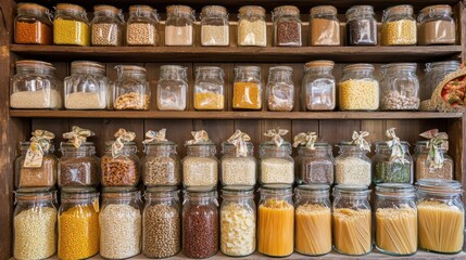 A kitchen shelf with neatly arranged glass jars of pasta, grains, and spices