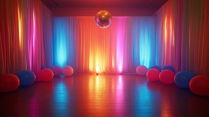 The venue is adorned with balloons and disco balls creating a nostalgic atmosphere of an adult theme