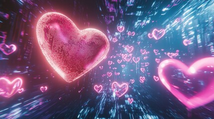 Reel featuring neon hearts floating through a dreamy cyber landscape, glowing holographic effects, sci fi romantic atmosphere