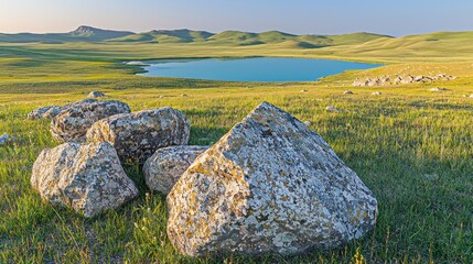Rocky outcrop overlooking serene mountain lake