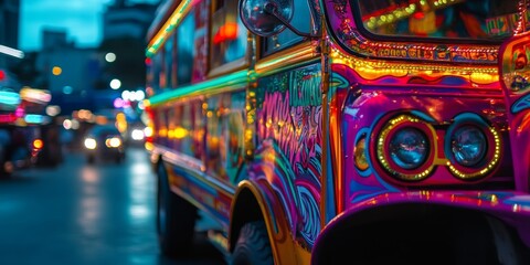 Colorful jeepney driving through busy philippine street at dusk