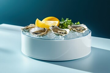 Fresh oysters with glossy shells rest on an ice-filled bowl, accented by lemon wedges. The scene captures the elegance of this gourmet delicacy under soft, warm lighting.