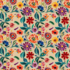 Bright colorful floral seamless pattern. Vivid colors, naive  child surface design