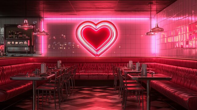 Retro neon heart design with bold red and pink lights, vintage diner backdrop, chrome and leather furnishings reflecting soft neon glows