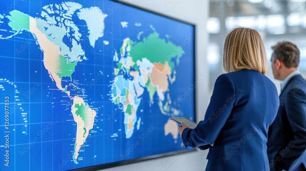 Poster two professionals analyzing a world map displayed on a screen, engaged in a discussion about geograp