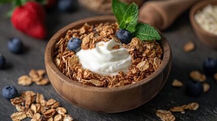 A rustic wooden bowl filled with homemade granola and fresh yogurt